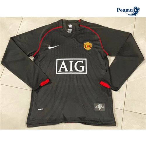 Camisola Futebol Retrô Manchester United Camiseta Equipamento 2007-08 Manga Comprida Negro