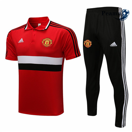 Kit Camisola Entrainement foot Polo Manchester United + Pantalon Vermelho/Preto/Branco 2021-2022