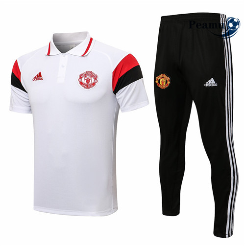 Kit Camisola Entrainement foot Polo Manchester United + Pantalon Branco/Preto/Vermelho 2021-2022