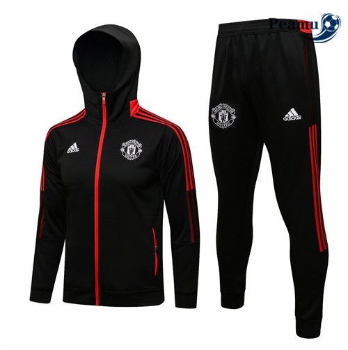 Casaco de Fato de Treino Manchester United com capuz Preto/Vermelho 2021-2022