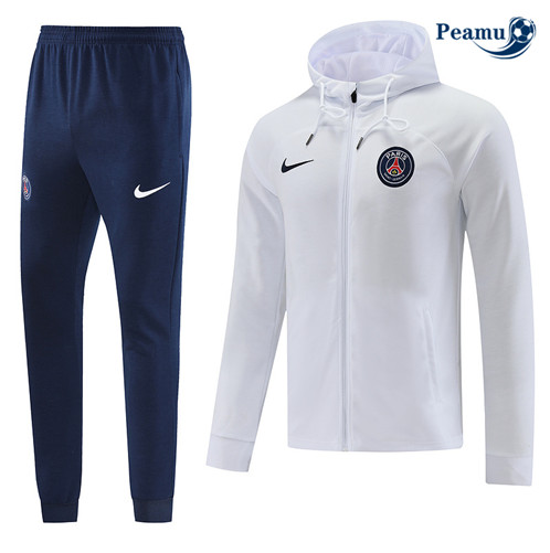 Peamu: Venda Camisola Futebol Casaco de Fato de Treino Paris PSG com capuz Branco 2022-2023