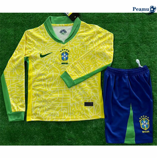 Criar Camisola Futebol Brasil Crianças Principal Equipamento Manga Comprida 2024-2025