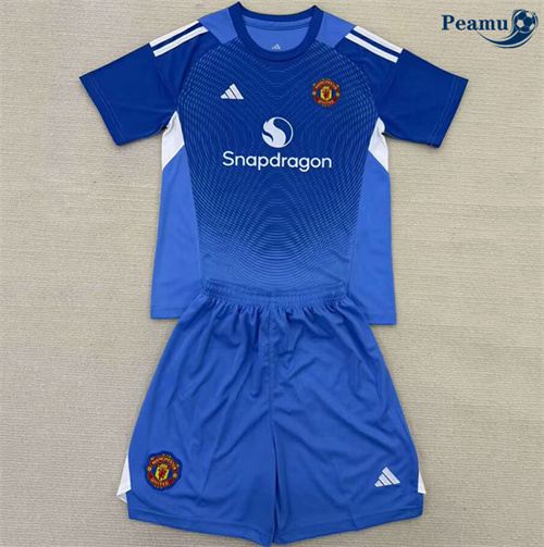 Novos Camisola Futebol Manchester United Crianças Equipamento Goleiro Azul 2025-2026