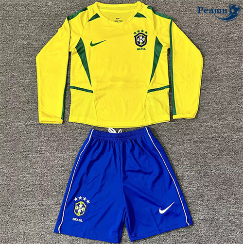 Criar Camisola Futebol Retrô Brasil Crianças Principal Equipamento Manga longa 2002
